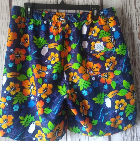 Peter Millar Floral Hibiscus Bird Print Lined Swim Trunks Bathing Suit (32) LG - Picture 2 of 3